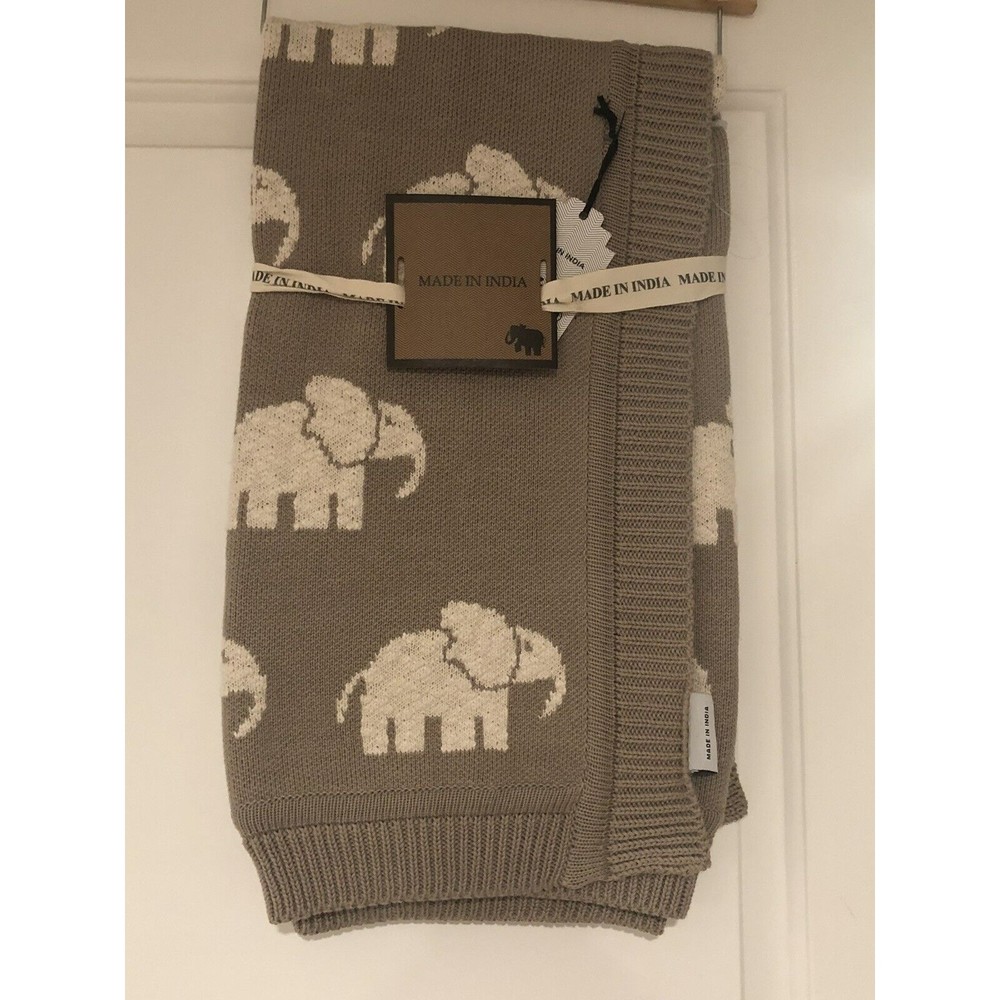 New Made In India Ivory Elephants/Beige Knit Baby Blanket Cotton W/Border Unisex